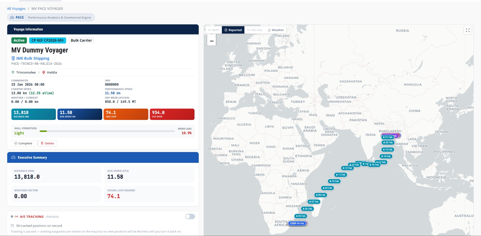 PACE voyage information page, MV Dummy Voyager active voyage with distance, average speed, hours lost, IFO over-consumption, hull condition, executive summary, and a live AIS tracking map